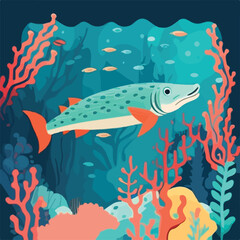 Naklejka na ściany i meble Barracuda in coral reef. Underwater fish and sea creatures in natural habitat. Flat vector illustration concept