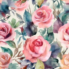 Watercolor seamless illustration of a rose surrounded by delicate foliage, generative ai