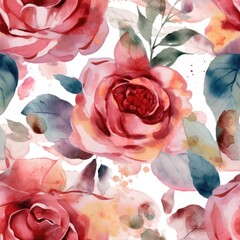 Watercolor seamless illustration of a rose surrounded by delicate foliage, generative ai
