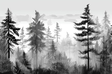 Obraz premium Horizontal wallpaper black coniferous forest in black on the white background, landscape illustration. generative AI.