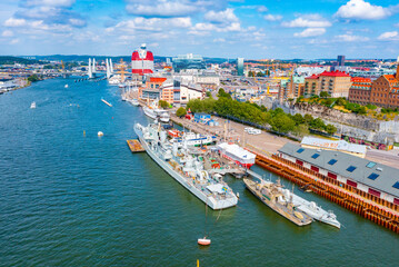 Lilla Bommen building, Military ship Smaland and Barken Viking ship in the swedish city Goteborg.