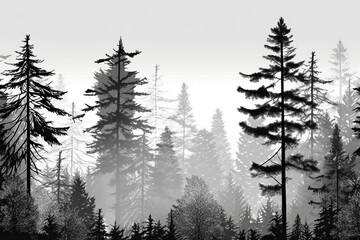 Horizontal wallpaper black coniferous forest in black on the white background, landscape illustration. generative AI.