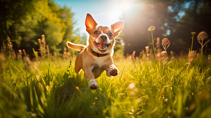 An image of a playful dog frolicking on a lush green lawn with a bright blue sky overhead, capturing the canine's joy and energy