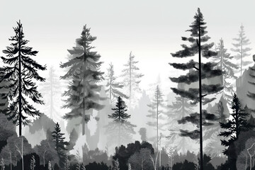 Beautiful wallpaper black coniferous forest in black on the white background, landscape illustration. generative AI.
