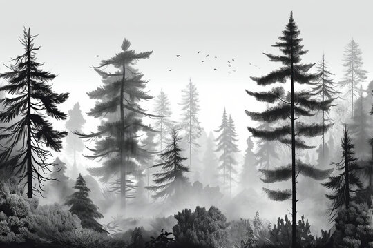 Beautiful wallpaper black coniferous forest in black on the white background, landscape illustration. generative AI.