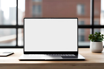 Fototapeta premium Home office empty white laptop screen on wooden table. Generative ai.