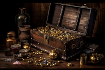 Treasure chest, brimming with sparkling jewels and golden objects, evoking a sense of adventure, wealth, and excitement. Ai generated