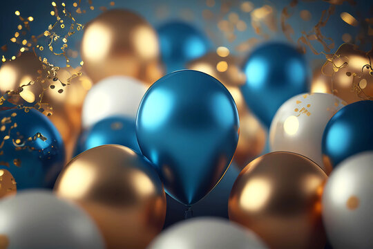 Golden and blue balloons birthday background. Generative ai.