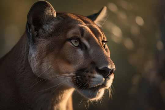 A coguar looks at its prey at sunset. AI Generated