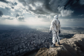 Fototapeta na wymiar A person in a futuristic, high-tech space suit standing on the edge of a cliff overlooking a distant cityscape - Generative AI