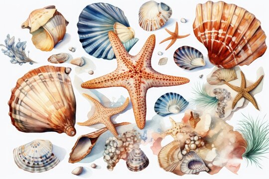 Illustration of seashells and starfish on a white background created with Generative AI technology
