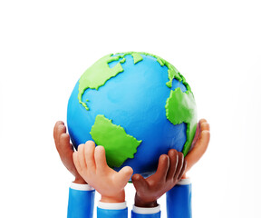 Sustain earth concept: Human plasticine stylised hands holding Earth