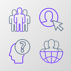 Fototapeta premium Set line Globe and people, Human head with question mark, User of in business suit and Users group icon. Vector