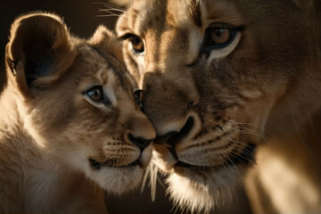 Fototapeta na wymiar A baby lion cub with its mother, in a warm embrace and looking into each other's eyes - Generative AI