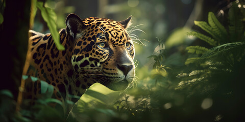 Majestic Jaguar in the Jungle: Beautiful Wildlife Photography. Generative AI.