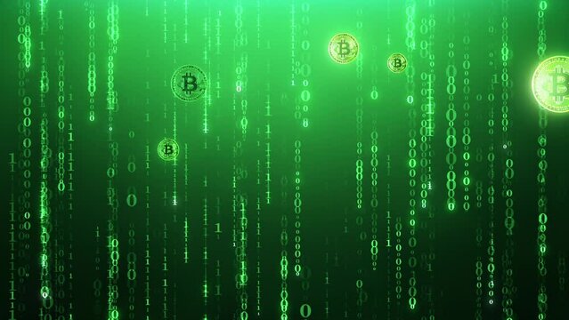 Bitcoin mining. Cryptocurrency, digital gold. Crypto farm. Dynamic background for captions, title or text. 3D animation. Quick Time, h264, 16-bit color, highest quality. Smooth gradation of color.