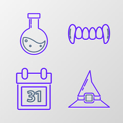 Set line Witch hat, Calendar with Halloween date 31 october, Vampire teeth and Bottle potion icon. Vector