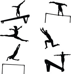 set female athletes gymnastics silhouette exercise balance beam, uneven bars, floor on white background, sports vector illustration, world championship - obrazy, fototapety, plakaty