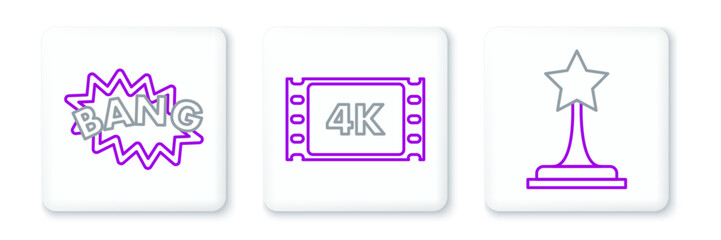 Set line Movie trophy, Bang boom text speech bubble balloon and 4k movie, tape, frame icon. Vector