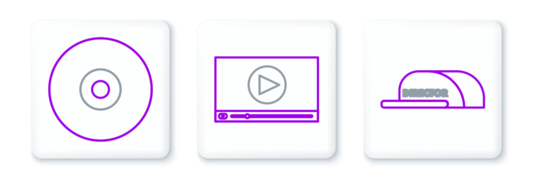 Set line Cap with inscription director, CD DVD disk and Online play video icon. Vector