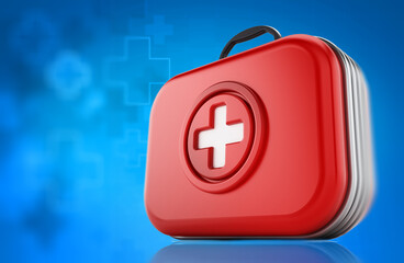 First aid kit on blue background. 3D illustration