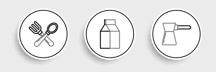 Set line Coffee turk, Crossed fork and spoon and Paper package milk icon. Vector