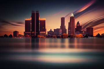 Obraz premium Long exposure Detroit skyline at sunset. Generative Ai