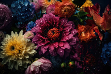 Fototapeta na wymiar A colorful bouquet of fresh flowers with dewdrops on the petals - Generative AI