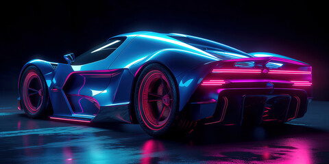 High-Tech Marvel: Highly Detailed Photography of a Futuristic Supercar in Blacklight. Generative AI