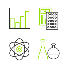 Set line Test tube and flask chemical laboratory, Atom, Pills in blister pack and Pie chart infographic icon. Vector