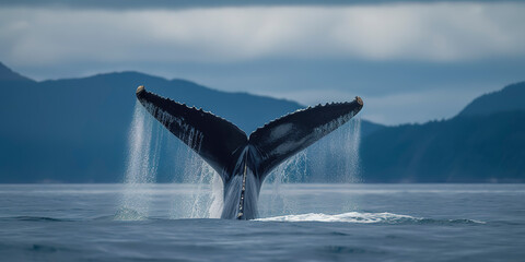 Breaching the Surface: Beautiful Photography of a Humpback Whale Raising its Tail Above the Water. Generative AI