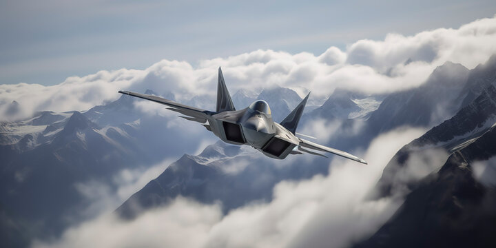 The Future of Aviation: F-22 Breaking the Sound Barrier over Swiss Alps - Powerful Photography. Generative AI
