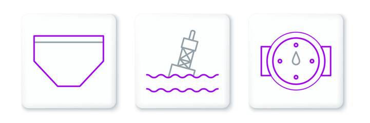 Set line Wind rose, Swimming trunks and Floating buoy on the sea icon. Vector