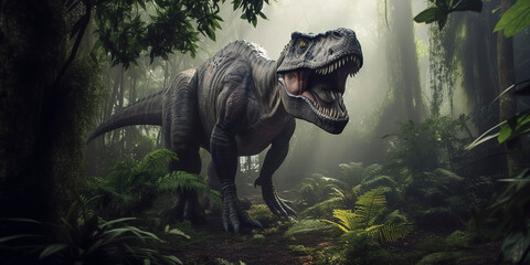 T-Rex Rampage: Beautiful Photography of a Furious T-Rex in the Jungle. Generative AI