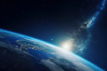 Obraz na płótnie Canvas Space view of blue sunrise on Earth, framed by Milky Way. Generative AI