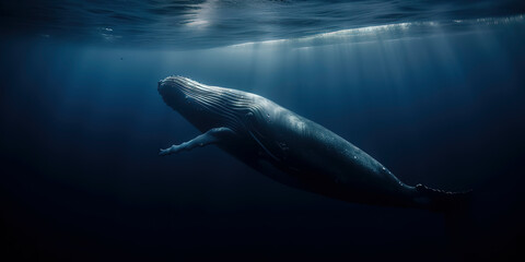 Blue whale showcased in a dramatic cinematic frame. Generative AI