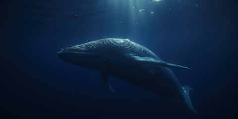 Fototapeta premium Cinematic view of a magnificent blue whale. Generative AI