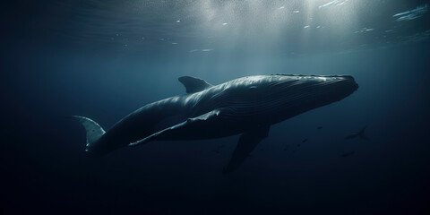Fototapeta premium Cinematic portrayal of a graceful blue whale. Generative AI
