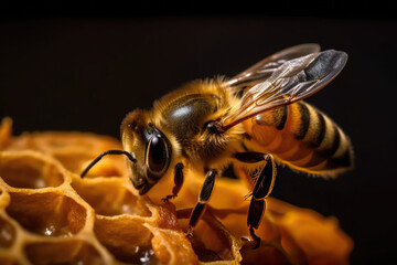 Honey bee in the honeycomb, generative AI - obrazy, fototapety, plakaty