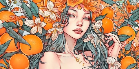 A Beautiful Woman with Blue Hair and Floral Elements