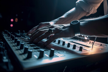 Fototapeta na wymiar Close-up of DJ hands skillfully adjusting music on console mixer at outdoor concert. Generative AI