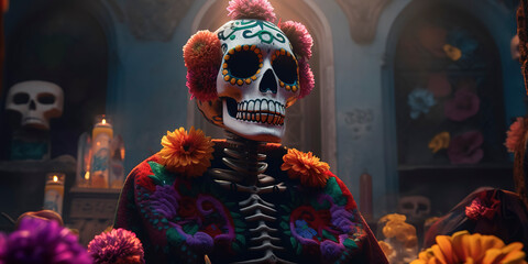 Day of the Dead celebration with a vivid Catrina on the altar. Generative AI