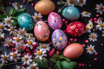 Fototapeta na wymiar Colorful easter eggs with daisies. Holiday mood, beautiful scene