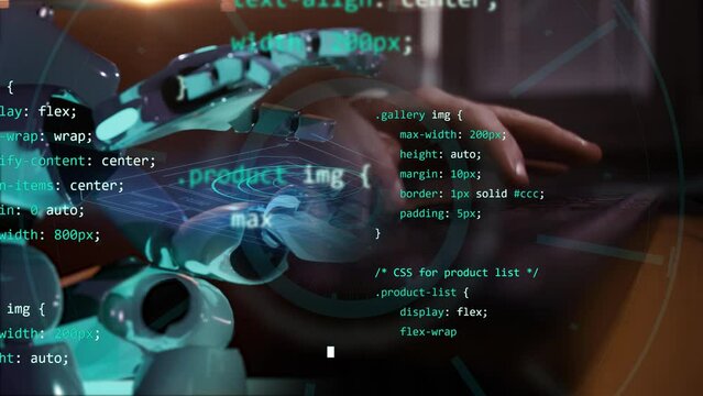 half screen animation with robot chatbot hand and human hands typing on the keyboard working code language programming website eshop