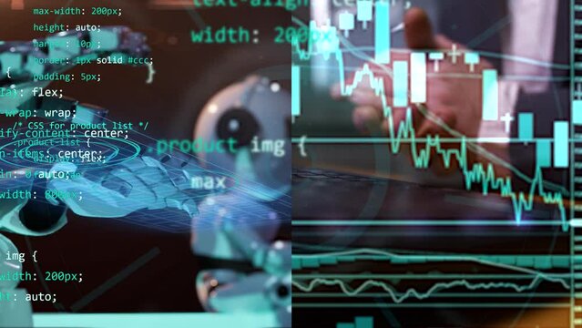 half screen animation with robot hand writing on virtual keyboard and working and sitting human and ejoying chatbot ai work for him