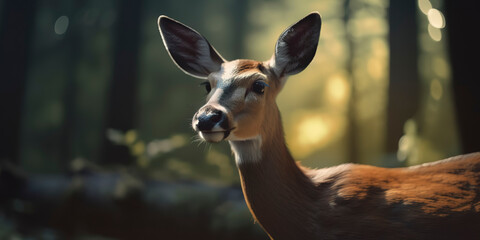 Gorgeous woodland scene featuring a deer among the trees. Generative AI