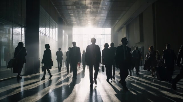 Foule femmes et hommes d'affaires marchant dans un hall de bureau, &agrave; contre-jour, mouvement rapide, lumi&egrave;re floue 
