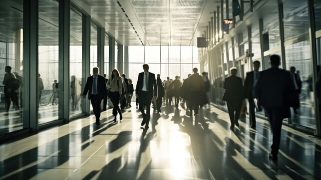 Foule femmes et hommes d'affaires marchant dans un hall de bureau, &agrave; contre-jour, mouvement rapide, lumi&egrave;re floue 
