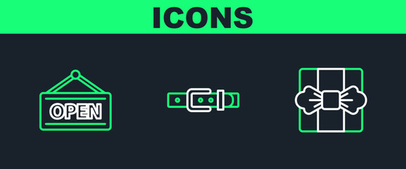Set line Gift box, Hanging sign with Open and Leather belt icon. Vector