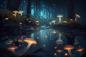 Mushroom kingdom illuminated by fireflies. AI Generated